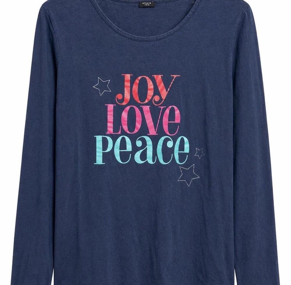 Studio 1940 Joy Love Peace Navy Long Sleeve Graphic Top Women’s Plus